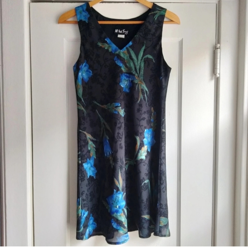 All That Jazz VTG Y2K Floral Sleeveless Dress Size 11/12 Black w/ Blue Flowers